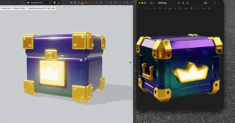 img2threejs demo — a reference loot-chest image reconstructed as a procedural Three.js model