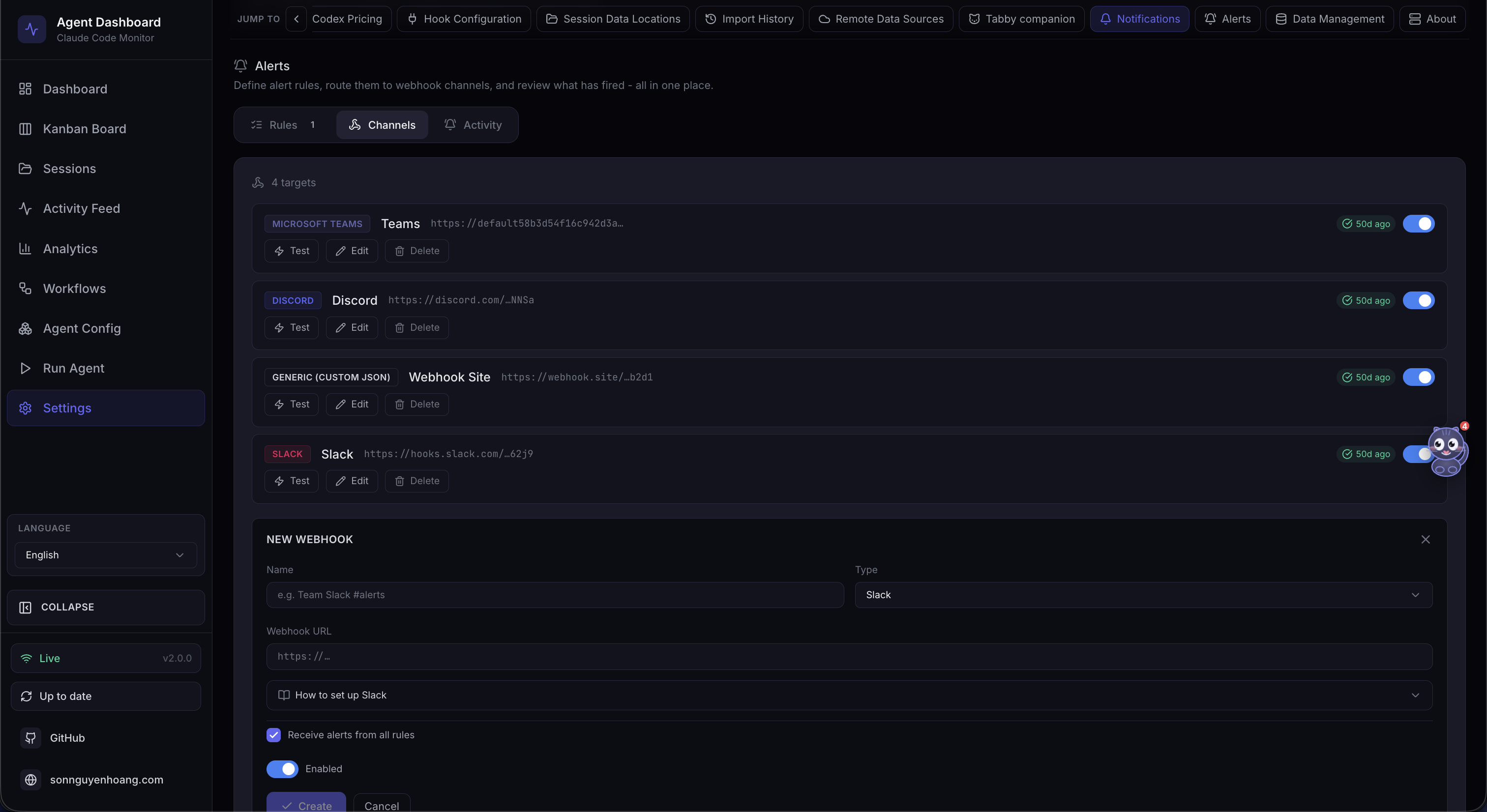 Settings — Alerts & Webhooks