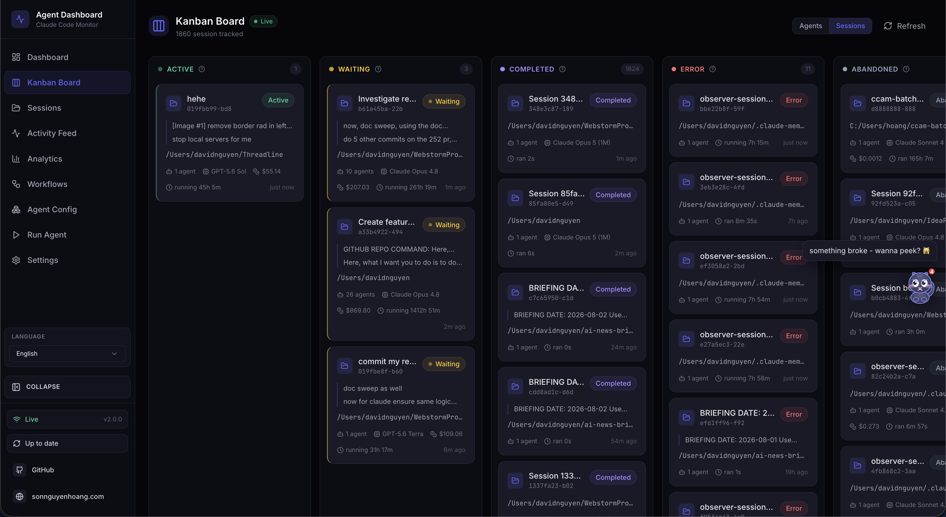 Kanban Board — Sessions view