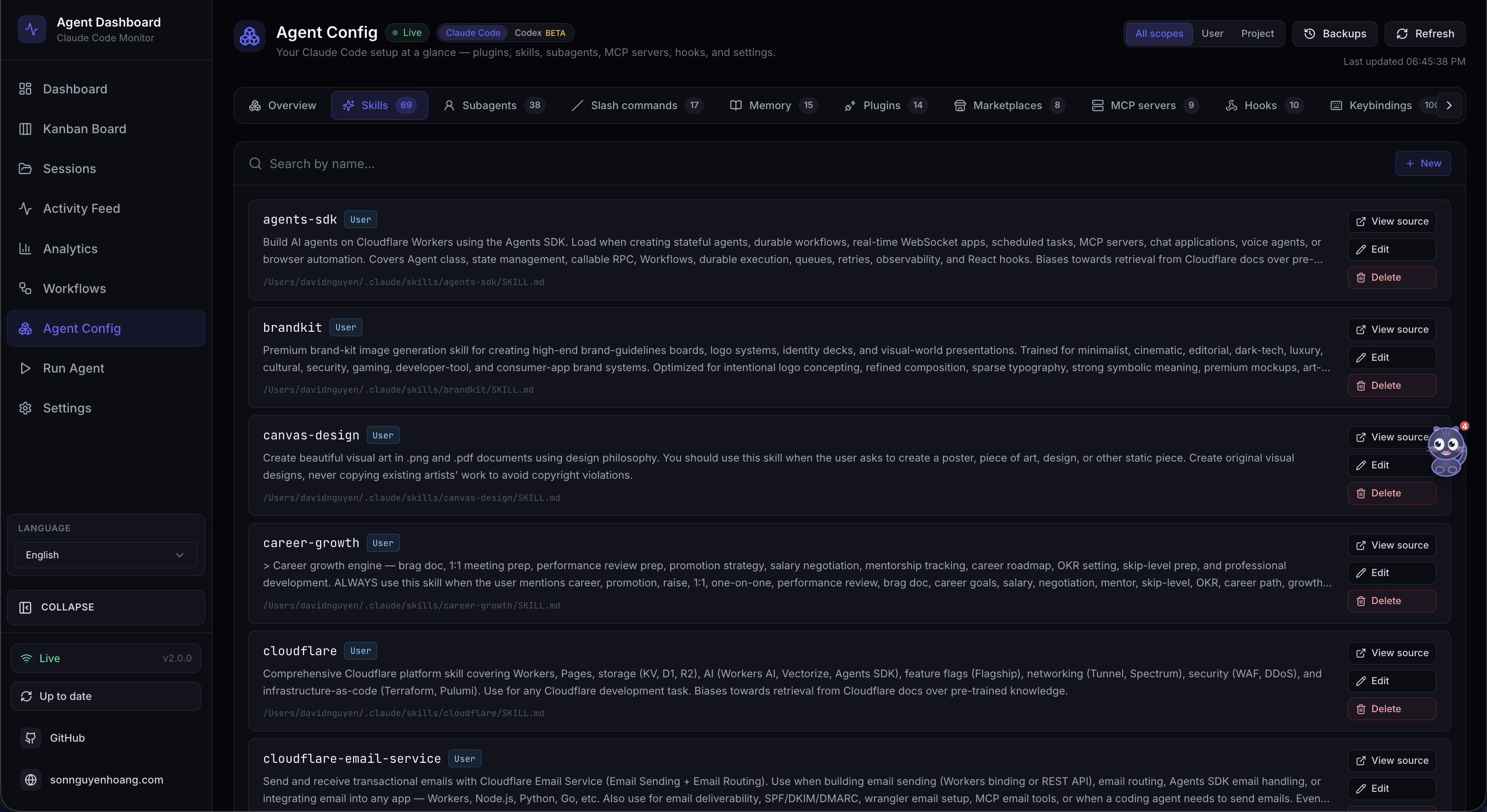 Claude Config Explorer — Skills tab