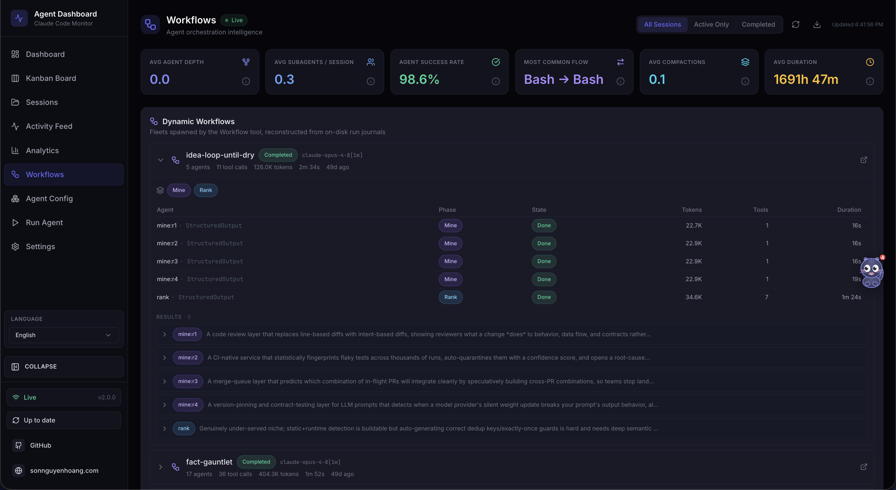 Dynamic Workflow Run expanded with phase filters and per-agent results