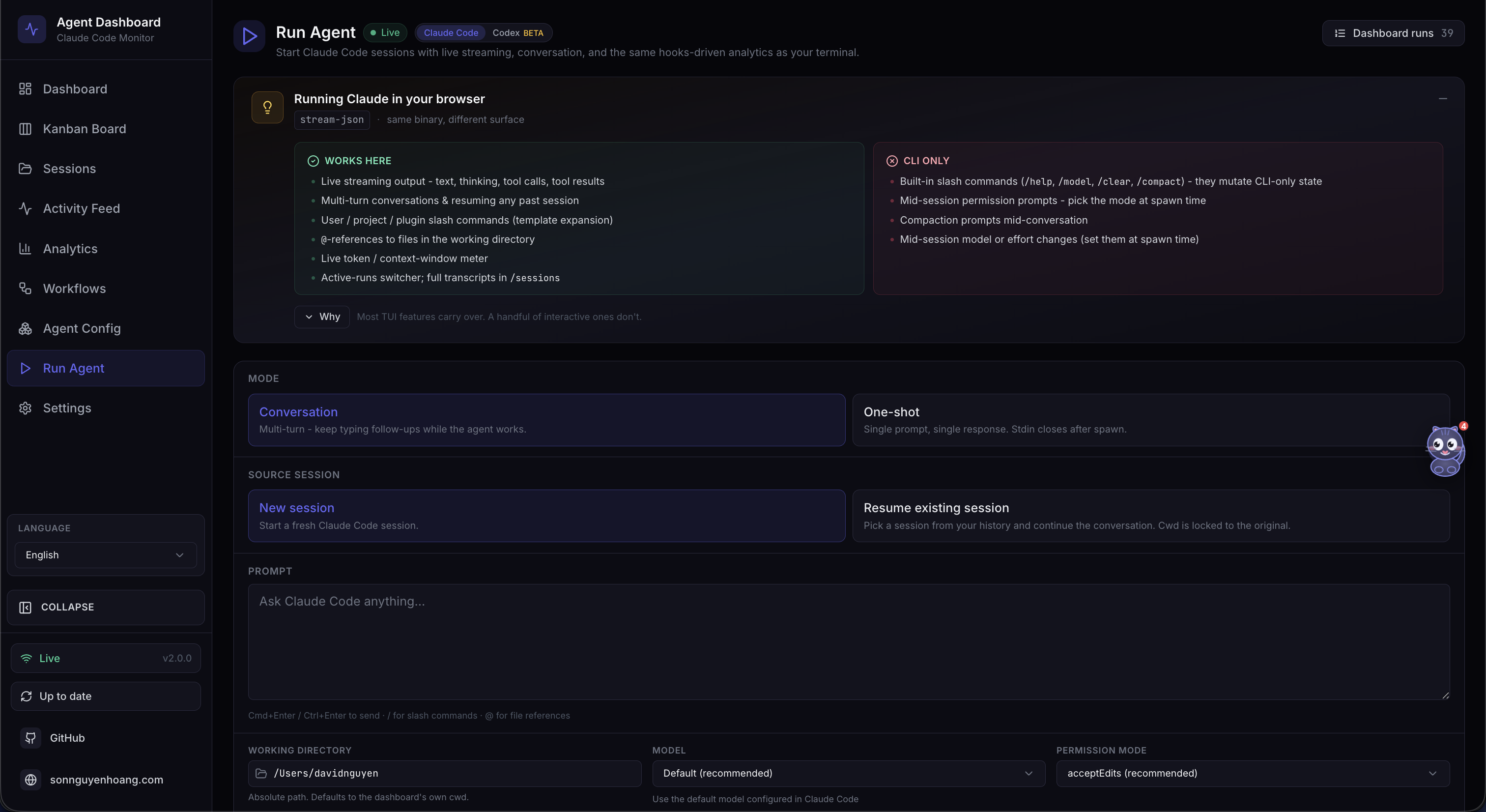 Run Agent — Claude Code and Codex launch selection