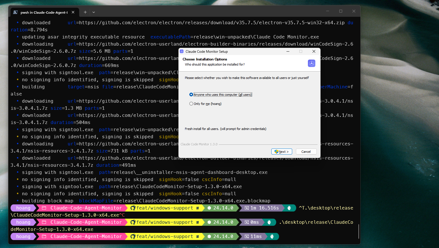 NSIS installer step 1 — Choose Installation Options, with per-user (Only for me) versus all-users selection