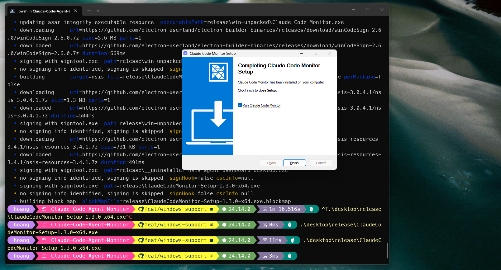 NSIS installer step 3 — Completing Setup, with the option to finish and run the app