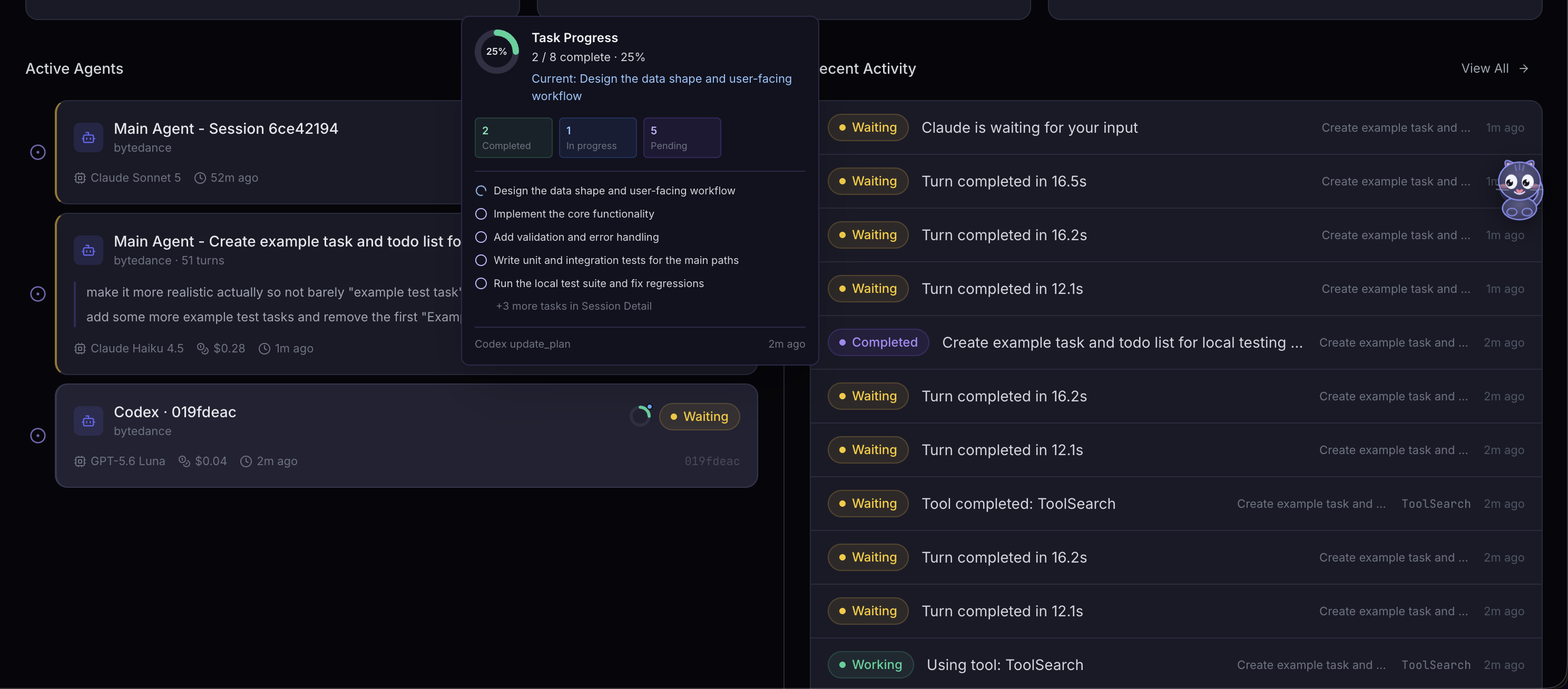 Task Progress Overview on Dashboard agent cards