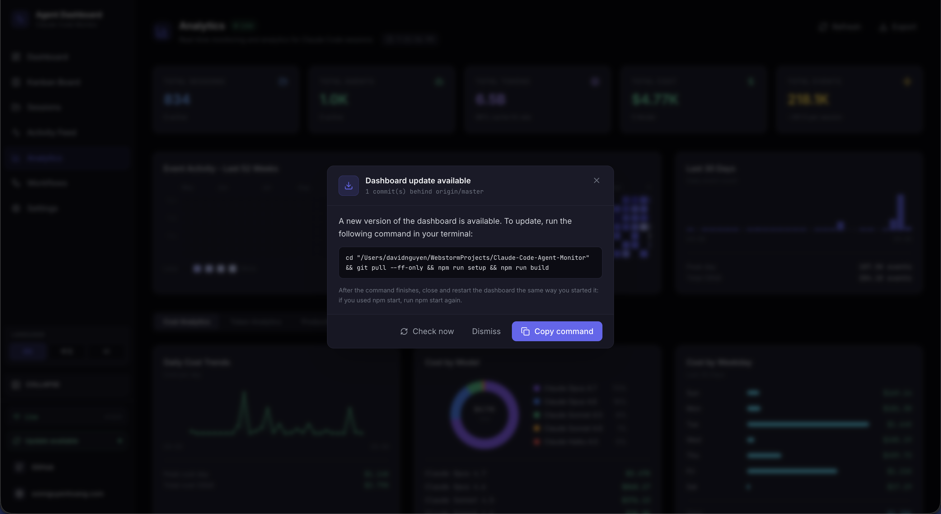 Dashboard update modal with copy-to-clipboard command