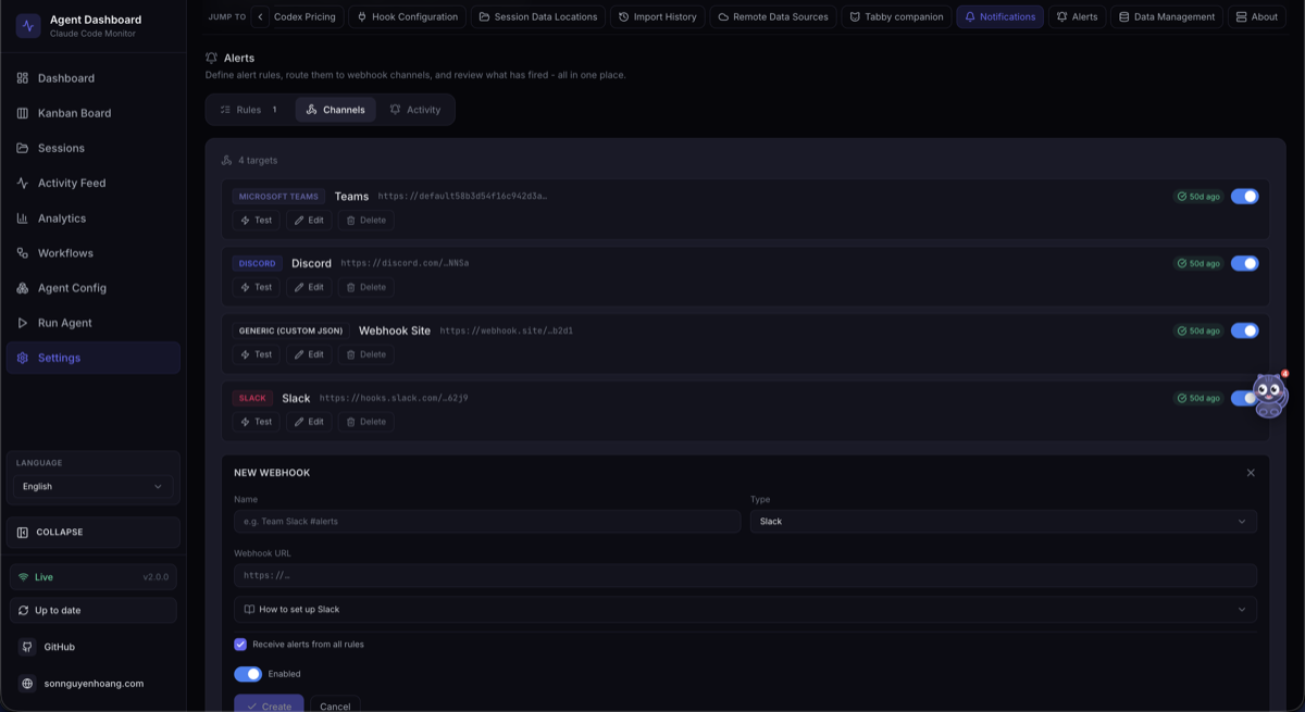 Alert and webhook settings