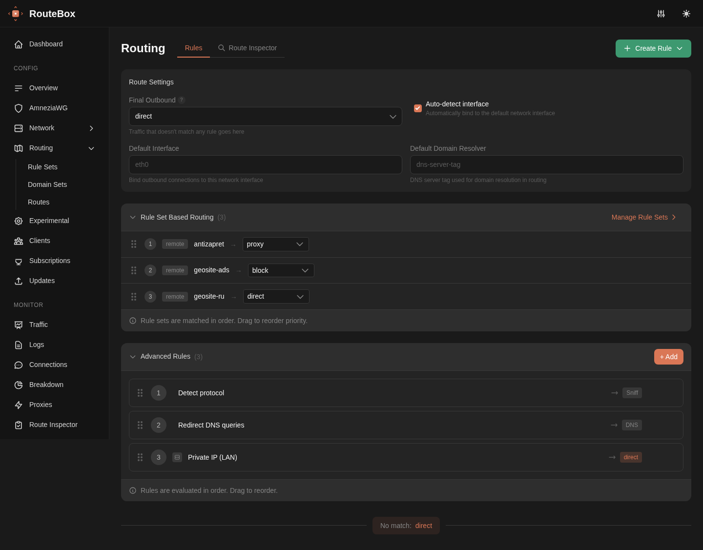 Маршрутизация: rule-sets с действиями proxy, block, direct и приоритетом перетаскиванием