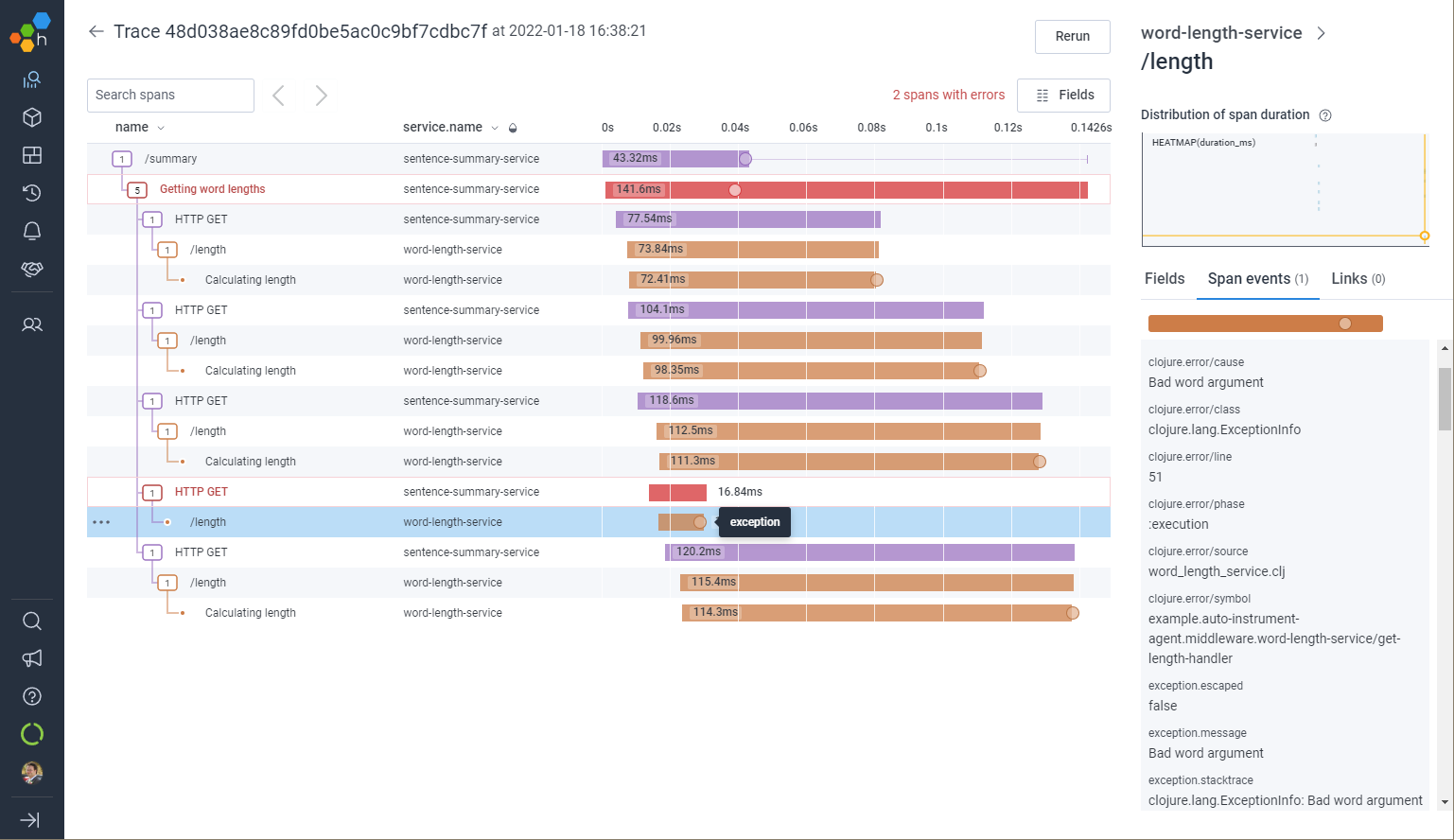 Distributed trace displayed in Honeycomb