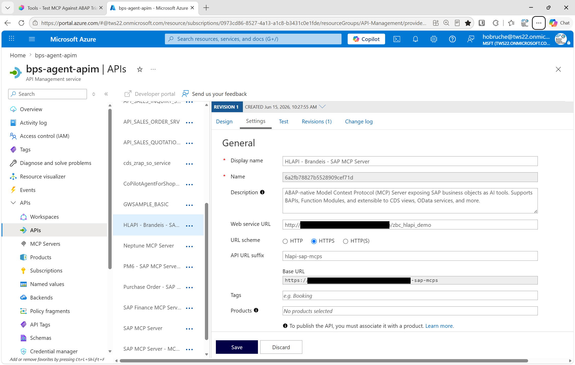 APIM "Add API" screen with the backend URL filled in
