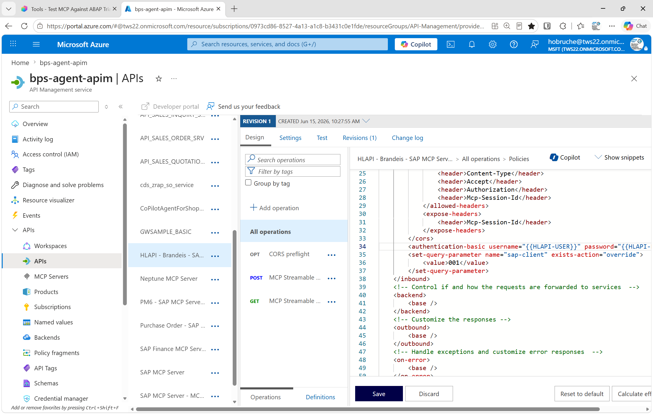 APIM inbound policy editor with the set-query-parameter and set-header statements