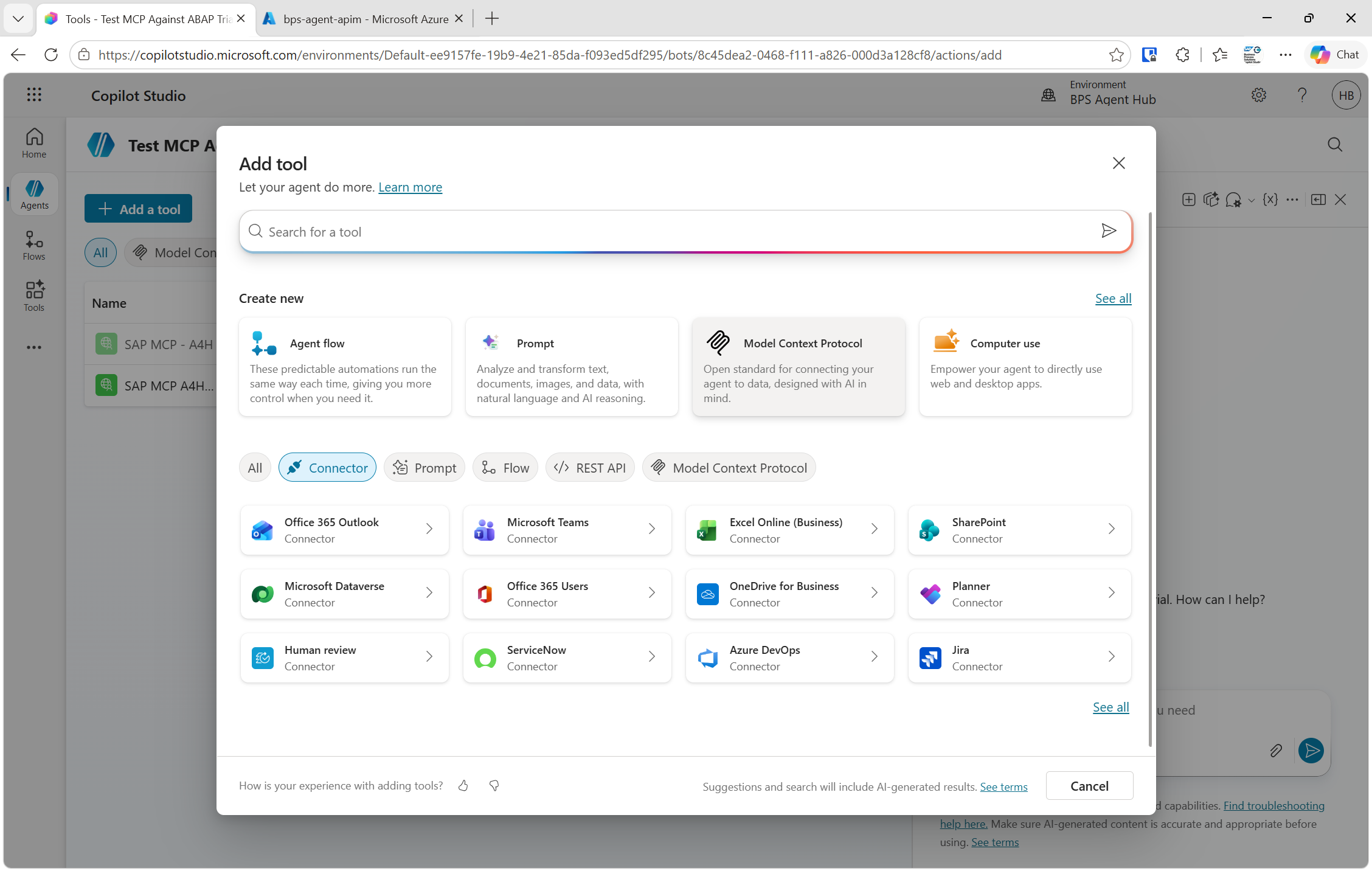 Copilot Studio tool picker showing the MCP Server option