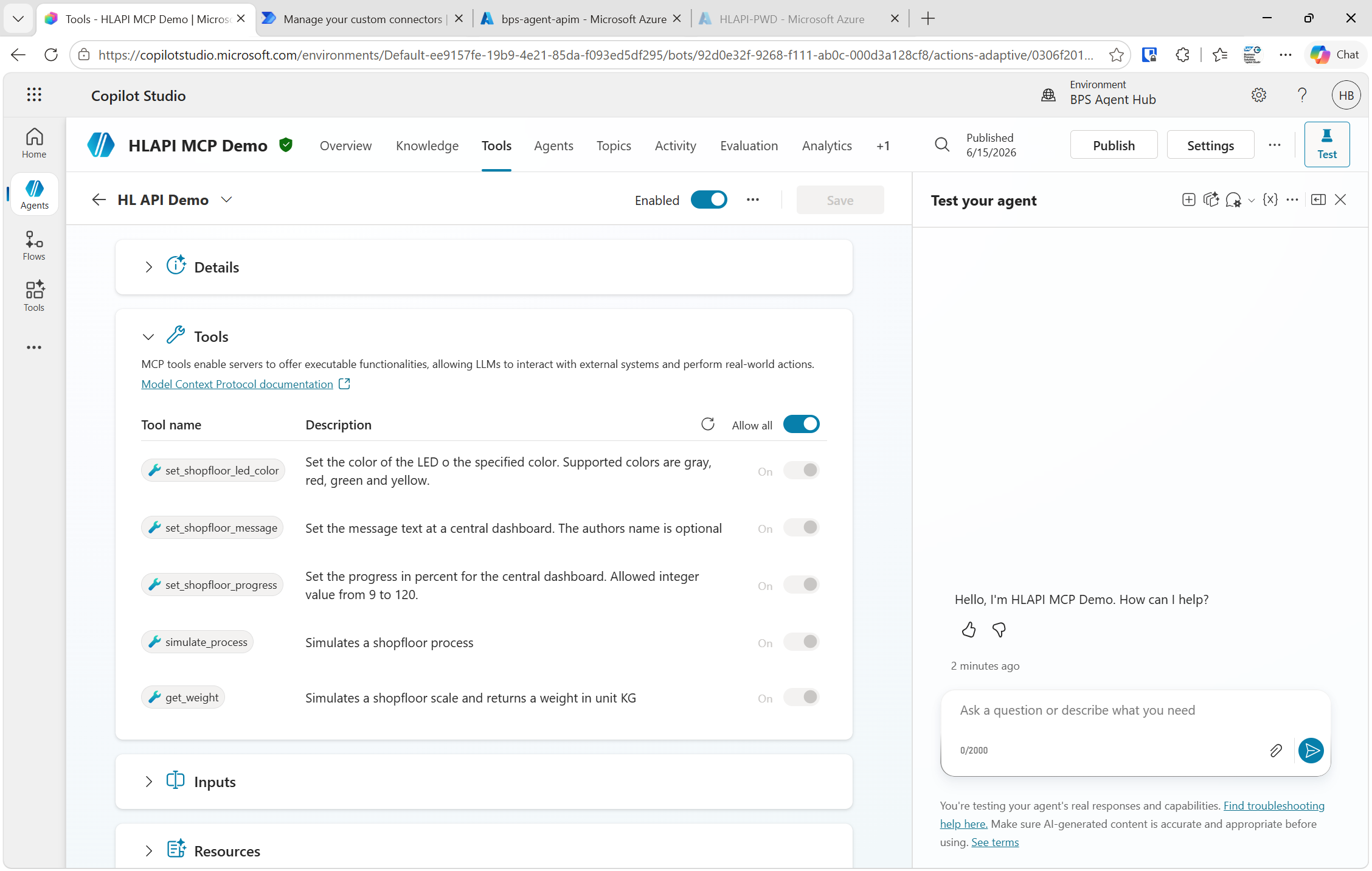 Copilot Studio tool list showing SAP tools like SetShopfloorLEDColor, GetWeight, SetShopfloorMessage, etc.