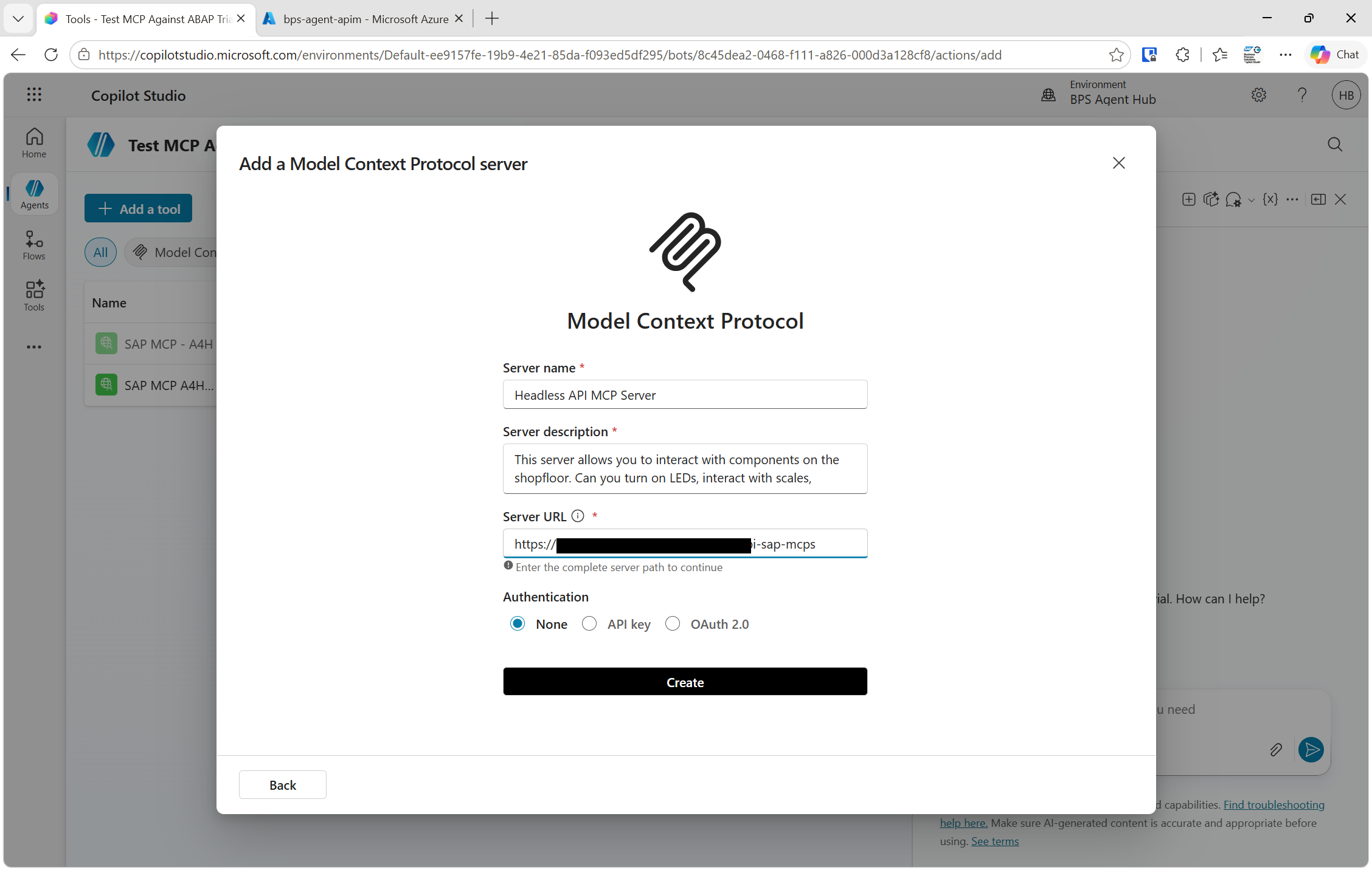 MCP Server configuration form with URL and description filled in