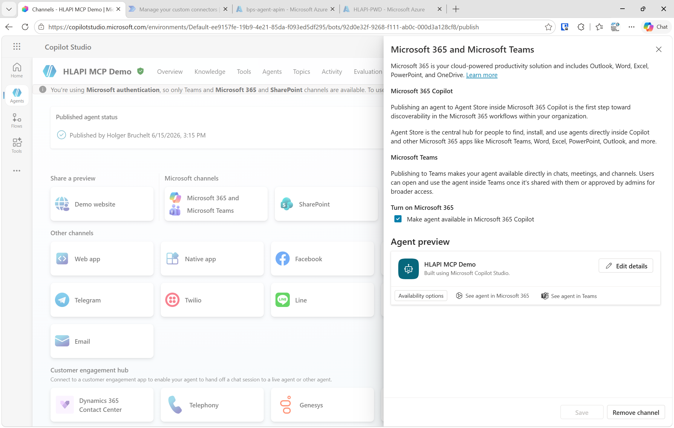 Copilot Studio Channels screen with "Microsoft Teams and Copilot" selected