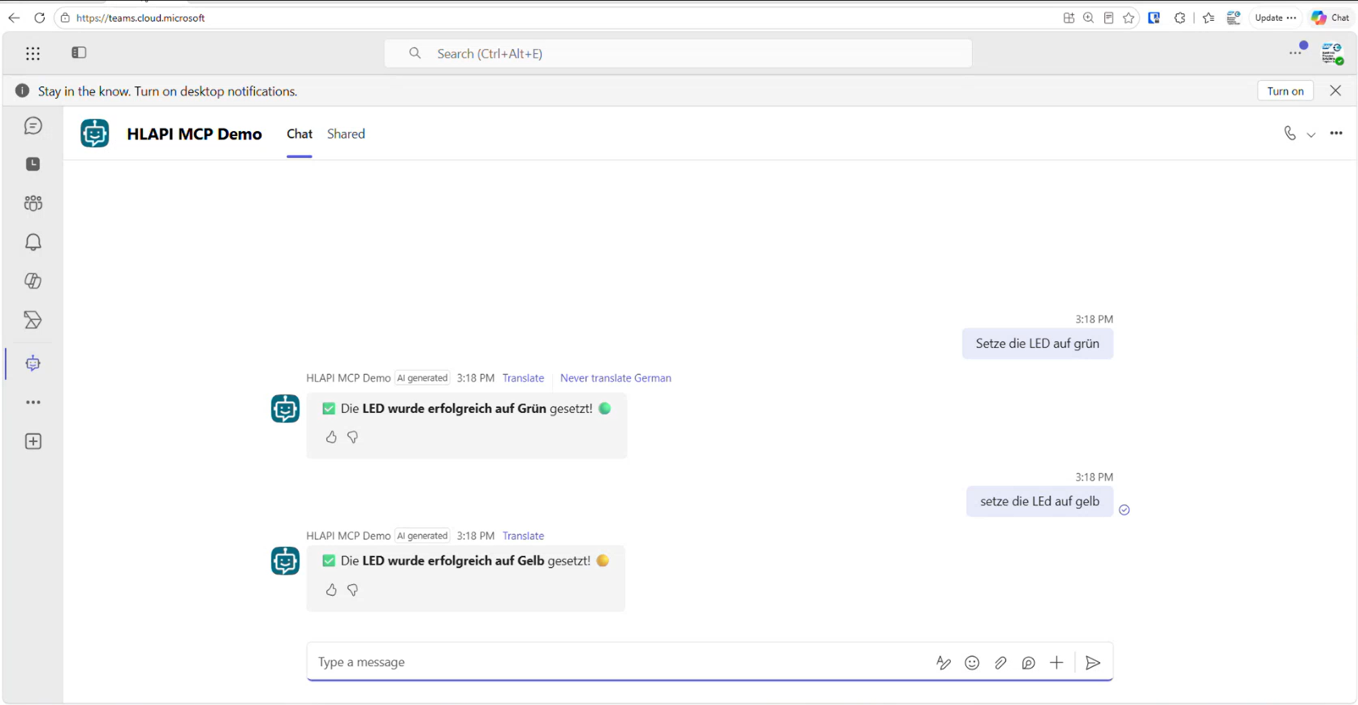 Teams chat with the agent, showing a LED color change triggered by voice input