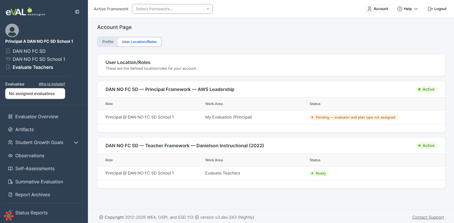 Account page showing a work area still pending framework setup