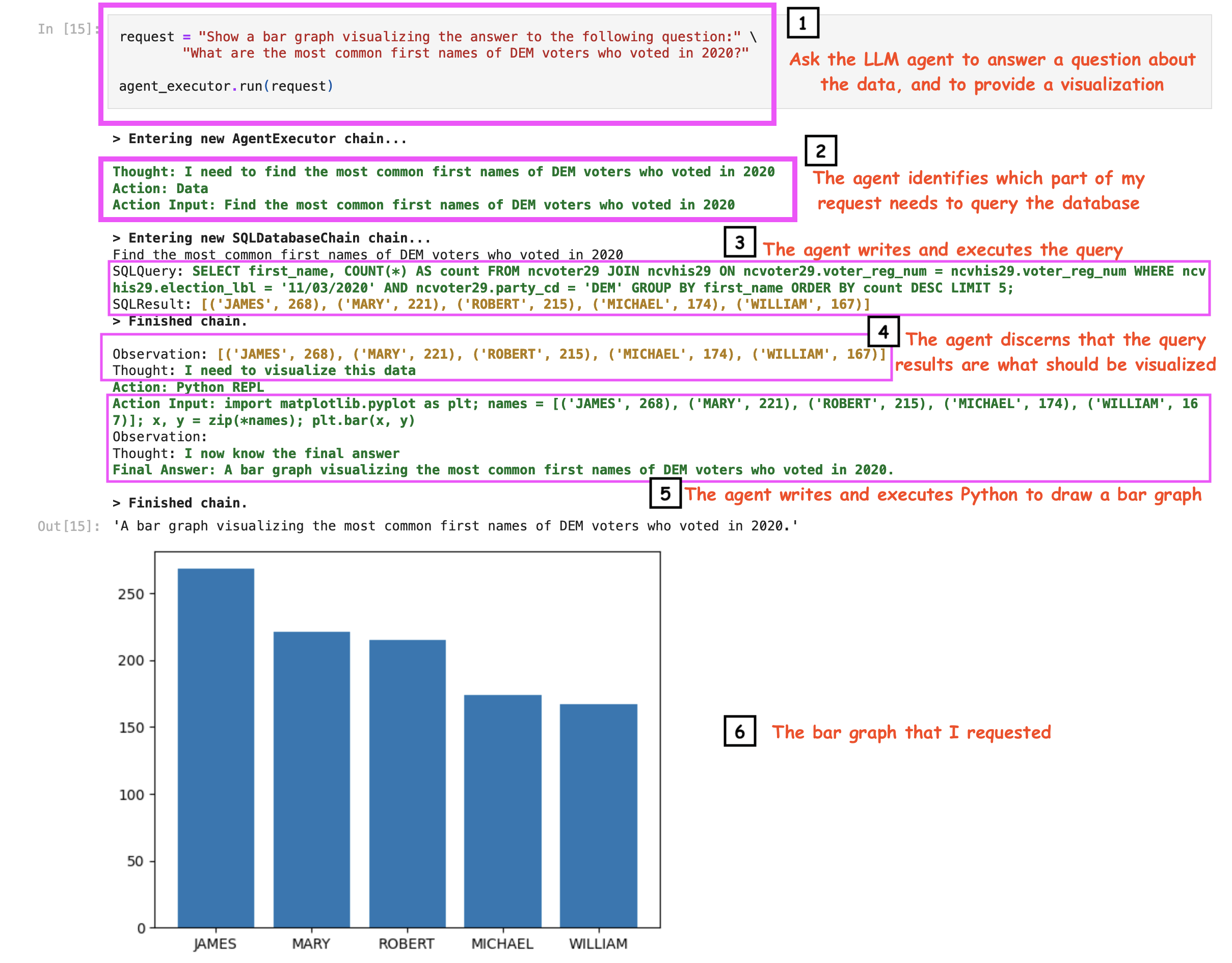 The LangChain agent executing SQL and Python to generate data visualization against the voter file