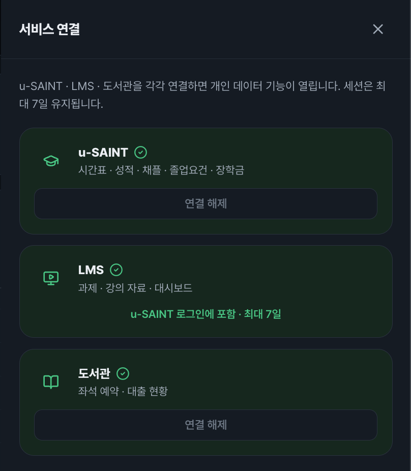 u-SAINT, LMS와 도서관의 연결 상태와 제공 기능