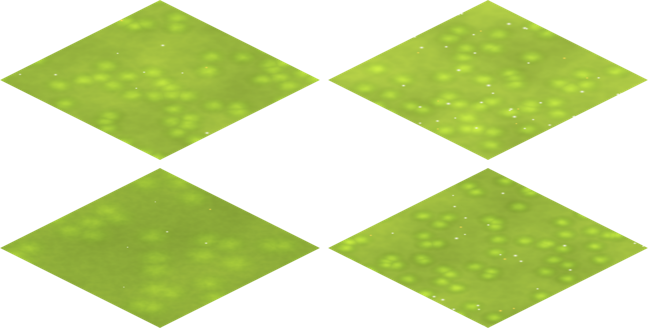 Four painted grass tiles projected to 2:1 isometric diamonds