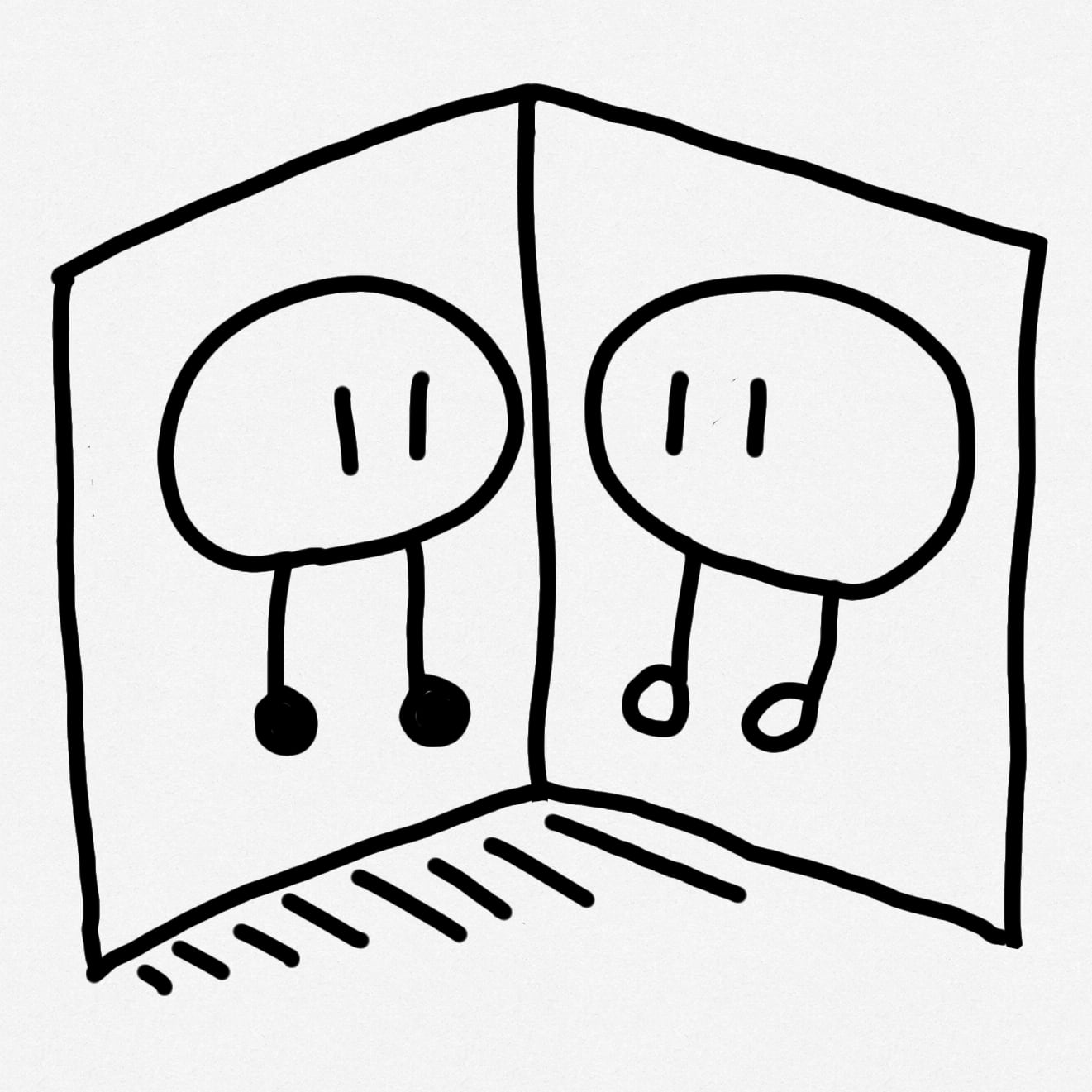 Two figures facing each other across a folded mirror