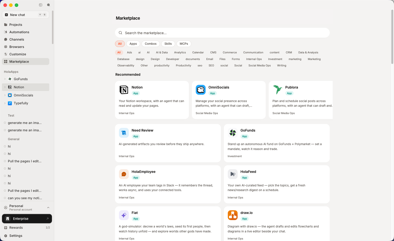The holaOS in-workspace app marketplace