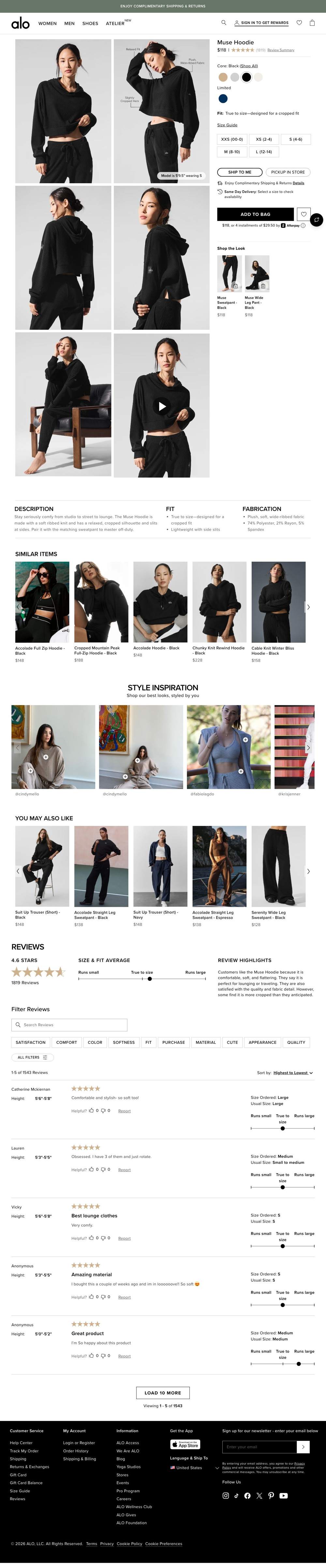 Alo Yoga landing page: Muse Hoodie