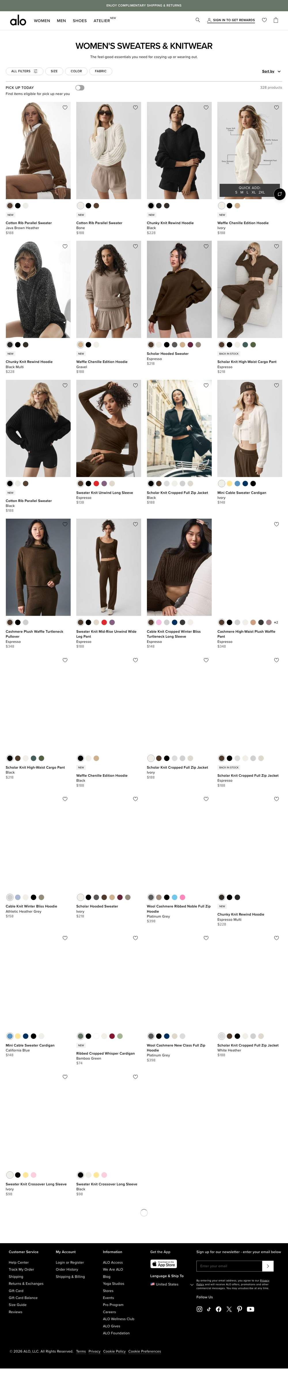 Alo Yoga landing page: WOMEN'S SWEATERS & KNITWEAR