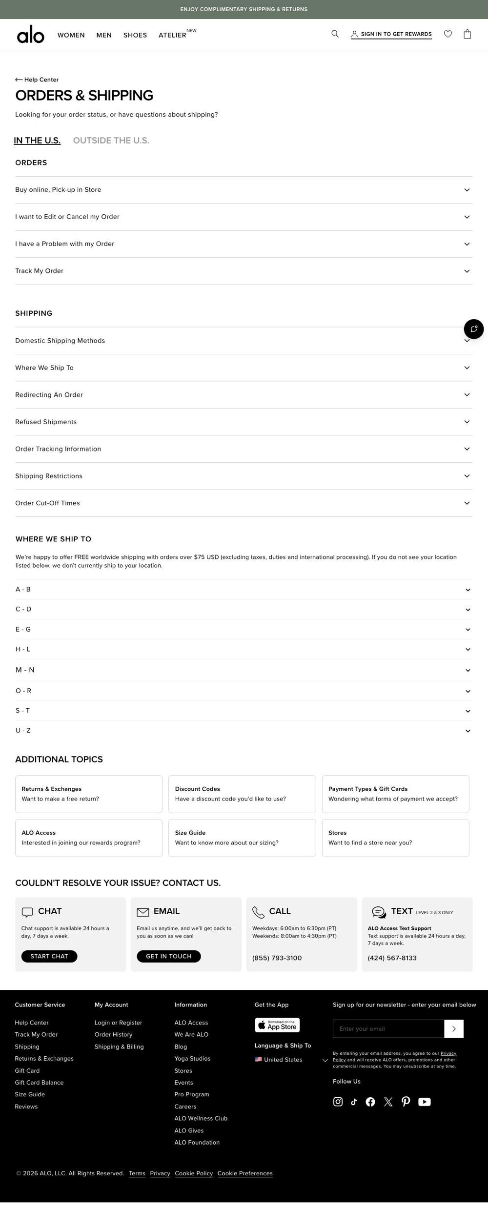 Alo Yoga landing page: ORDERS & SHIPPING