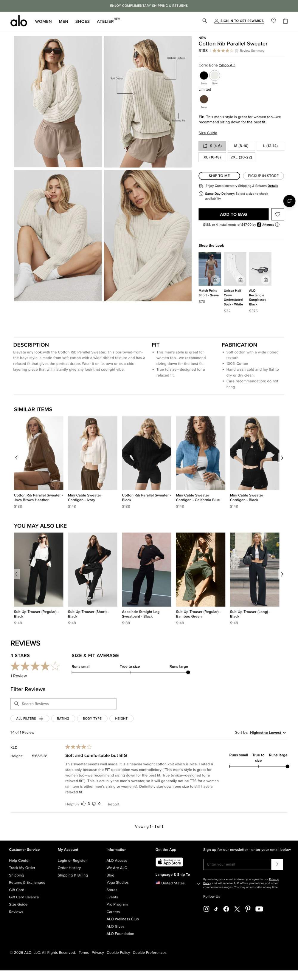 Alo Yoga landing page: Cotton Rib Parallel Sweater