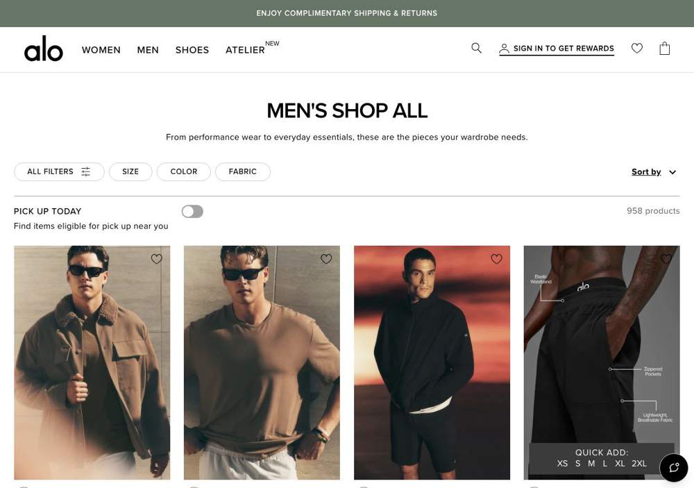 Alo Yoga landing page: MEN'S SHOP ALL