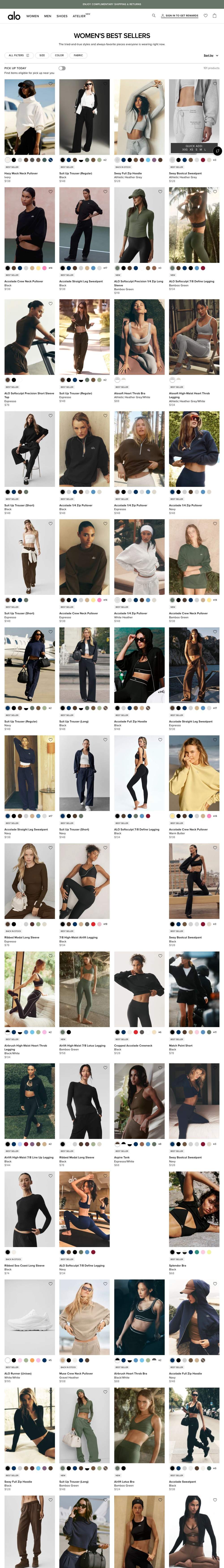 Alo Yoga landing page: WOMEN'S BEST SELLERS