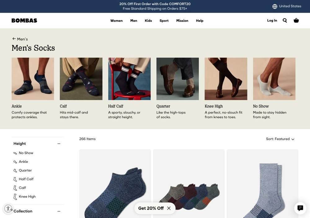 Bombas landing page: Men's Socks
