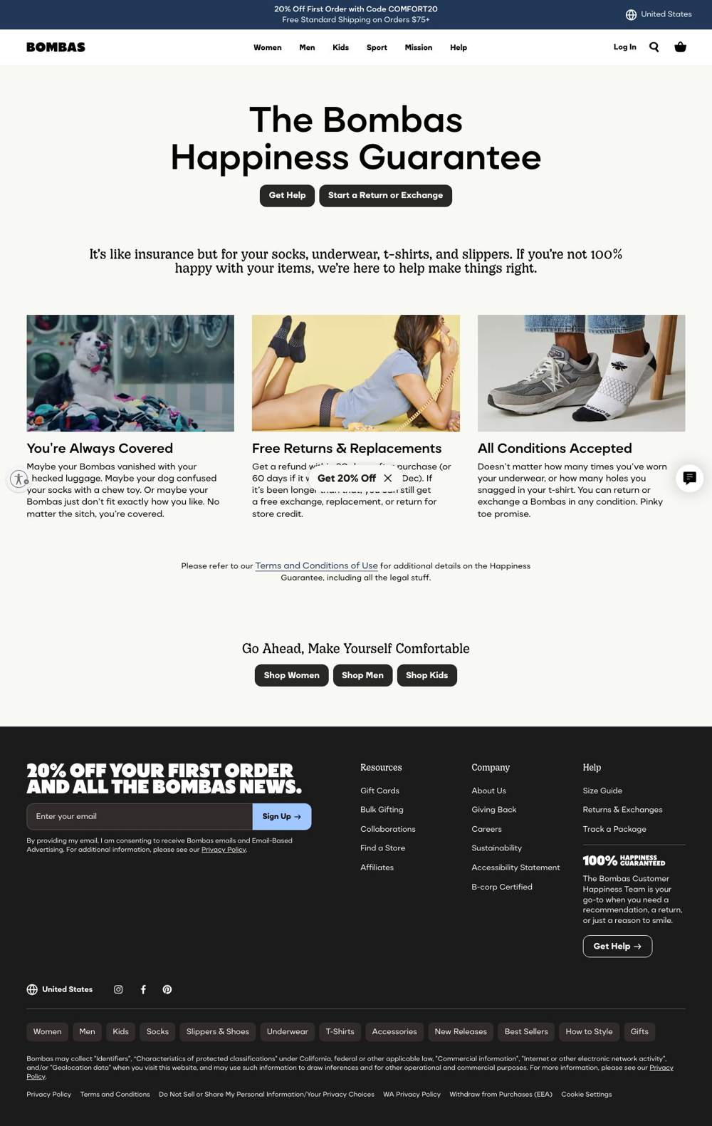 Bombas landing page: The Bombas Happiness Guarantee