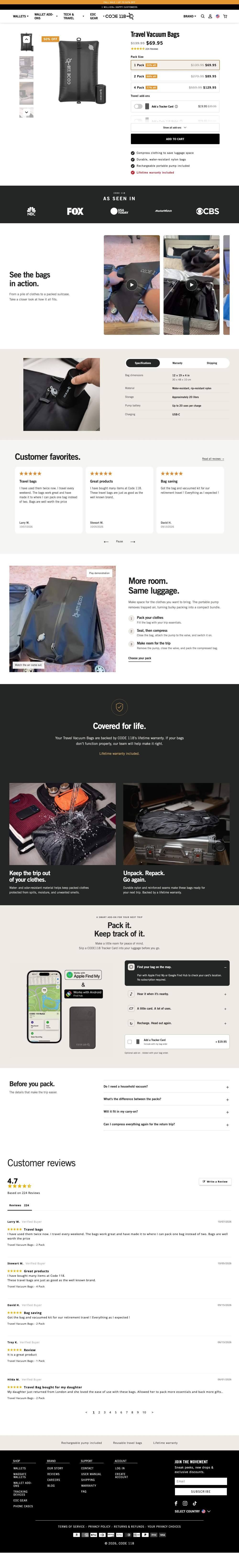 CODE 118 landing page: Travel Vacuum Bags