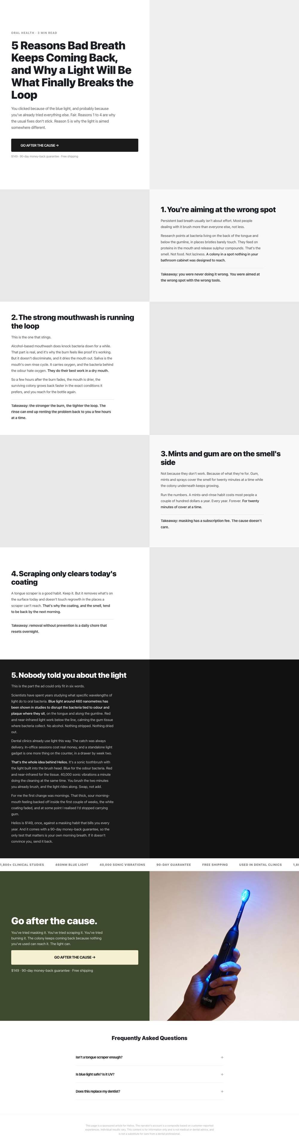 Helios landing page: 5 Reasons Bad Breath Keeps Coming Back, and Why a Light Will Be What Finally Breaks the Loop