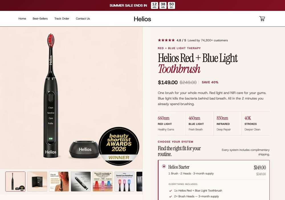 Helios landing page: Helios Red + Blue Light Toothbrush