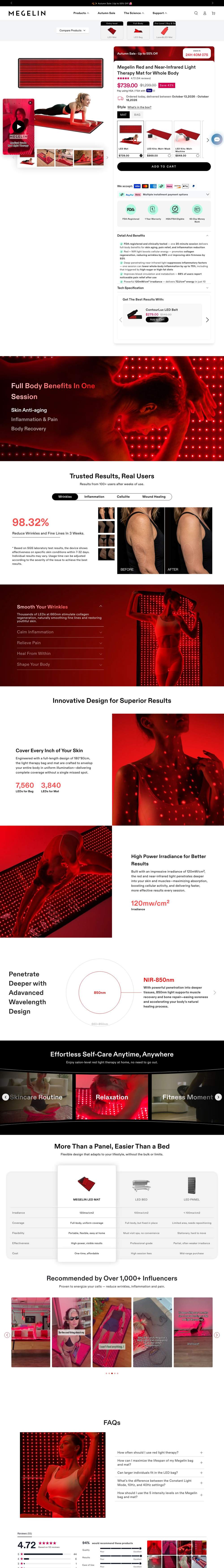 Megelin landing page: Megelin Red and Near-Infrared Light Therapy Mat for Whole Body