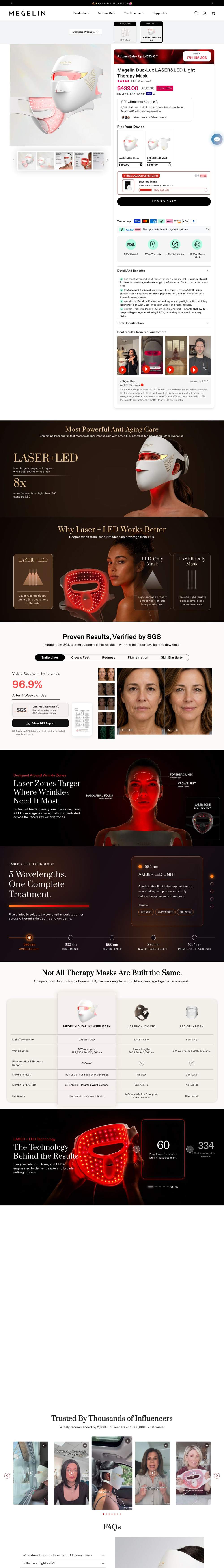 Megelin landing page: Megelin Duo-Lux LASER&LED Light Therapy Mask