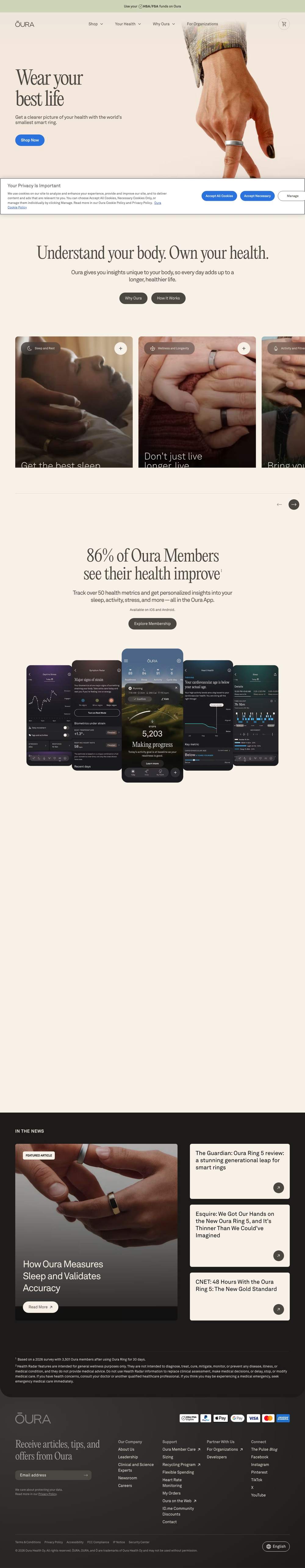 Oura landing page: Wear your best life