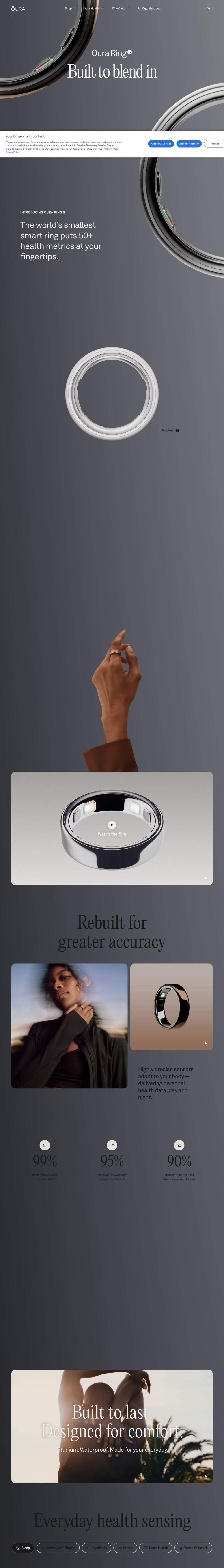 Oura landing page: Built to blend in
