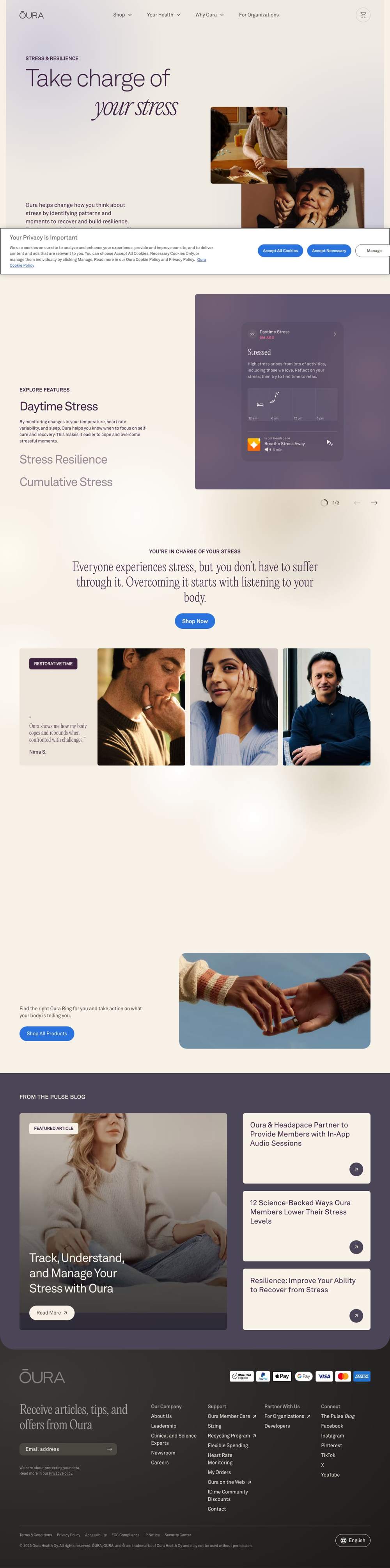 Oura landing page: Take charge of your stress