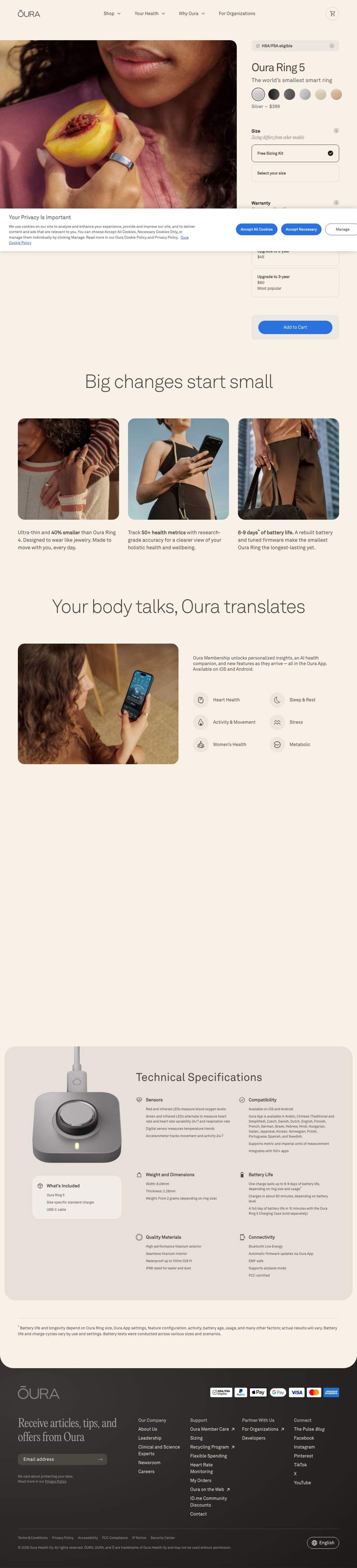 Oura landing page: Oura Ring 5