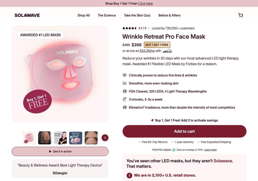 Solawave landing page: Wrinkle Retreat Pro Face Mask