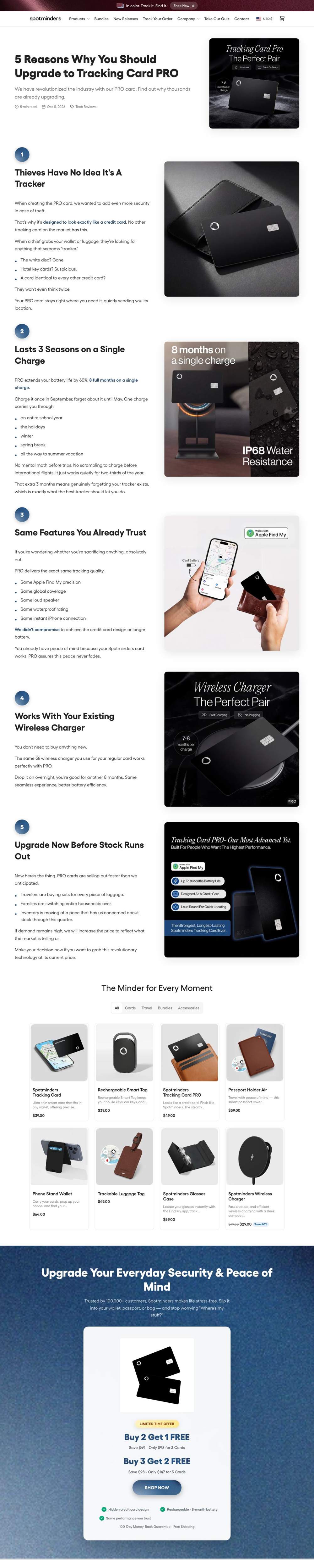 Spotminders landing page: 5 Reasons Why You Should Upgrade to Tracking Card PRO