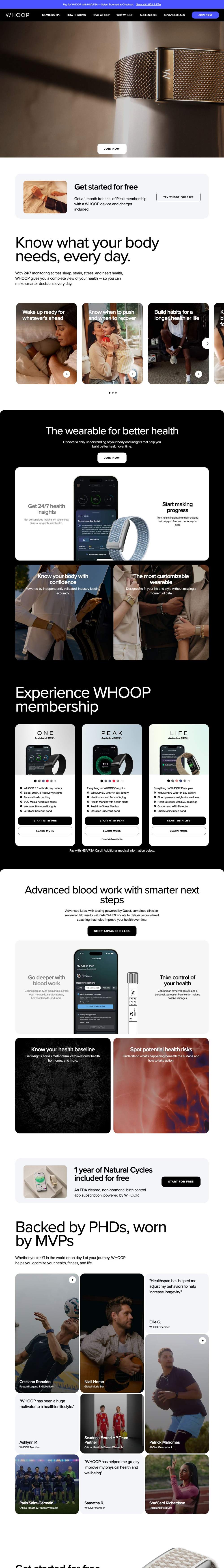 WHOOP landing page: "WHOOP has been a huge motivator to a healthier lifestyle."