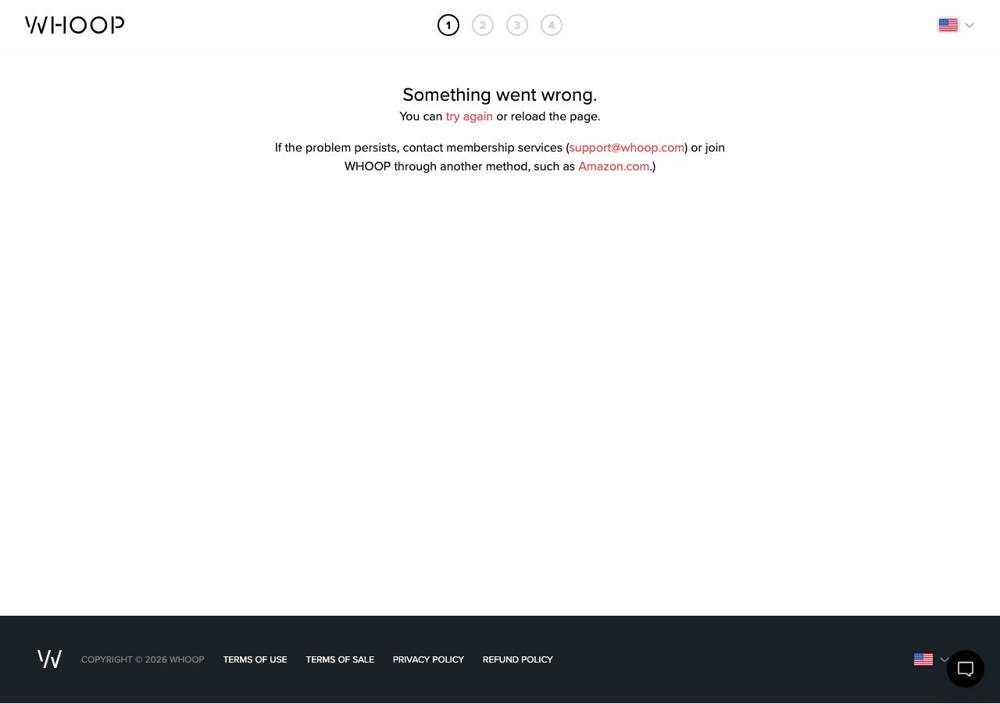 WHOOP landing page: Something went wrong.