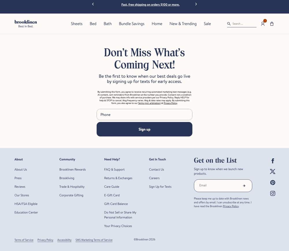 Brooklinen landing page: Get on the List