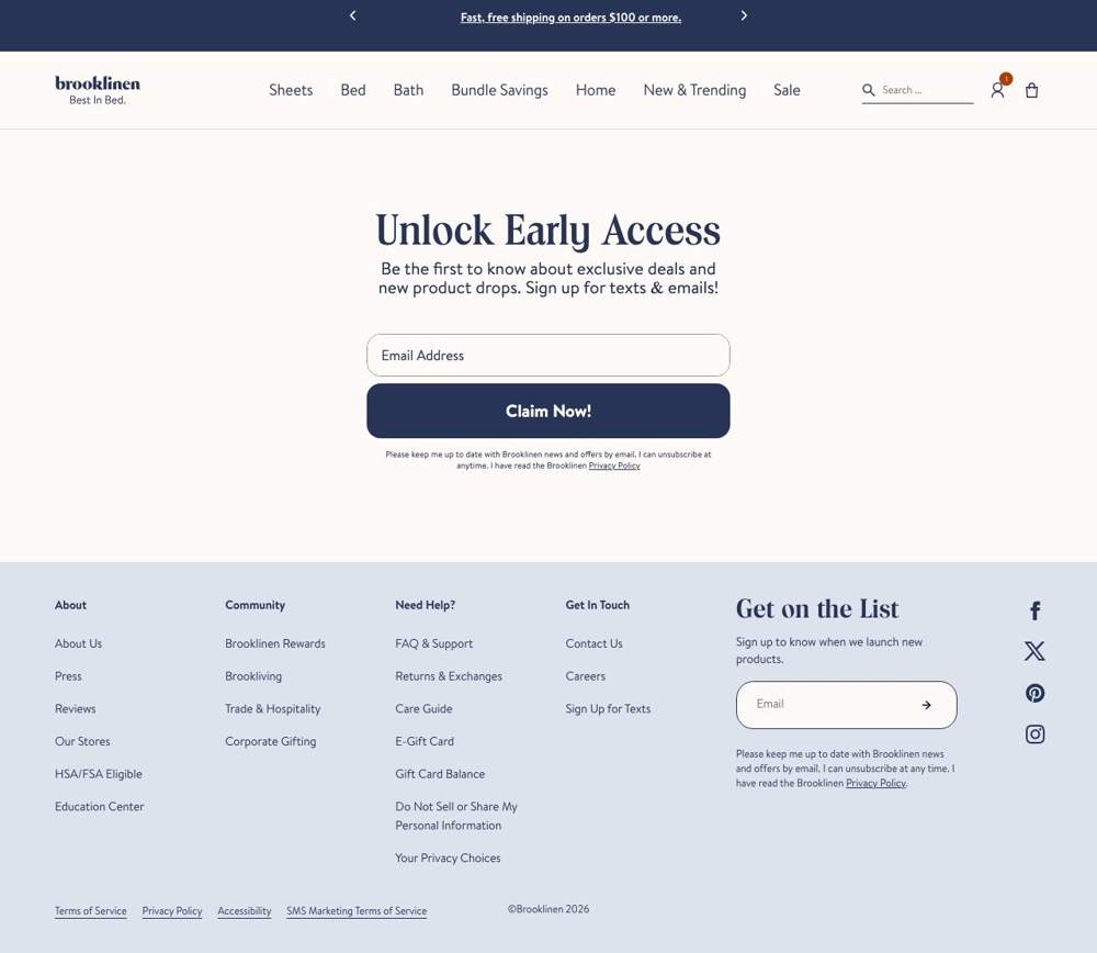 Brooklinen landing page: Get on the List