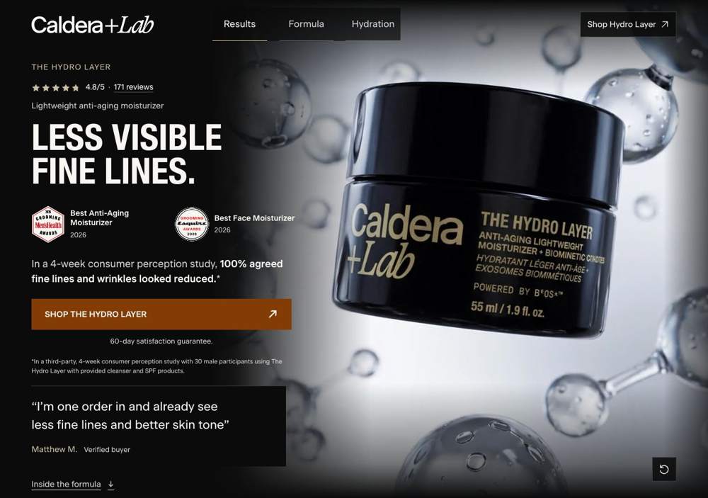 Caldera Lab landing page: LESS VISIBLE FINE LINES. FINE LINES.
